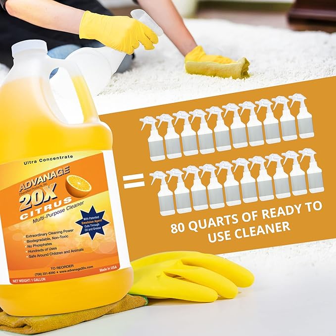 Advanage 20X Cleaner Concentrate Refill 128 oz | All Purpose Multi-Surface Cleaning Concentrate | Replace Every Household Cleaner | Natural and Citrus Scent, Human-Safe Cleaner USA Made