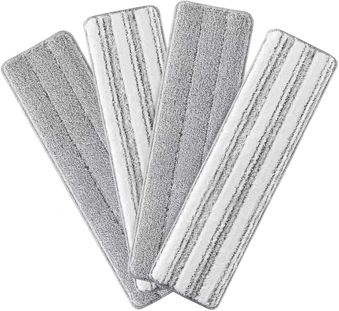 JOYMOOP 17.7-Inch Microfiber Flat Mop Replacement Pads – Washable Reusable Grey & Stripe, Pack of 4 Heavy-Duty Wet & Dry Refill for JOYMOOP Flat Mop & Bucket System
