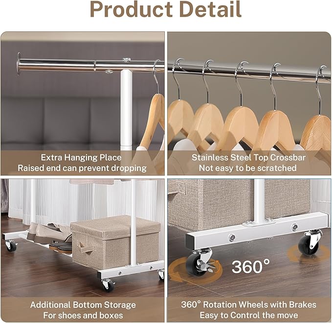 VICERII Clothes Rack, 130LB Capacity Heavy Duty Clothing Rack with Wheels and Bottom Shelf, 52.17 Inch Rolling Racks for Hanging Clothes, Coats, Shirts, Sweaters, Skirts, Dress, White