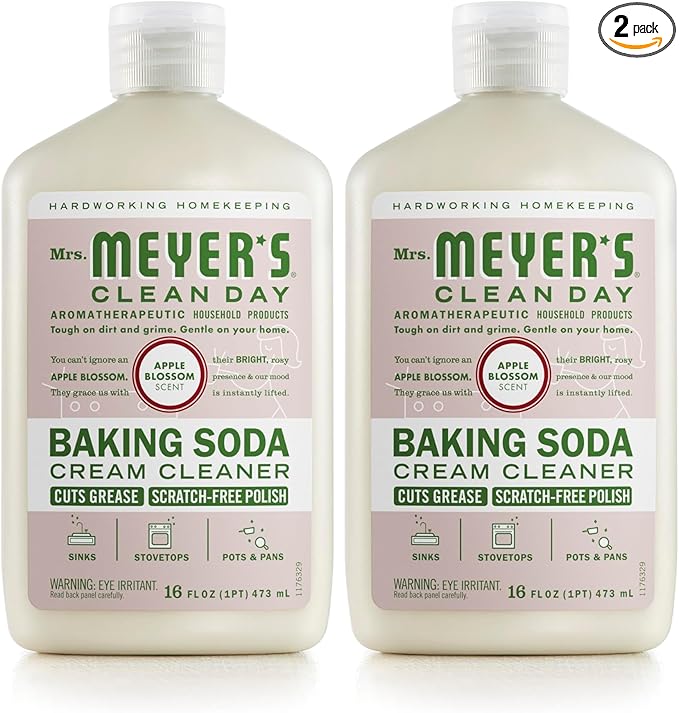 MRS. MEYER'S CLEAN DAY Baking Soda Cream Cleaner, Cuts Grease, Scratch-Free Polish, Plant-Derived Cleaning Ingredients, Apple Blossom, 16 Fl Oz, Pack of 2