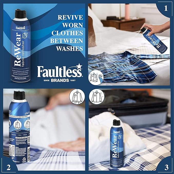 Faultless ReWear Dry Wash Spray for Clothing – Wrinkle Remover, Fabric Refresher Spray, Captures Odors – Like Dry Shampoo for Clothes: Fresh Look W/Out Laundry, 20oz 2 Pack