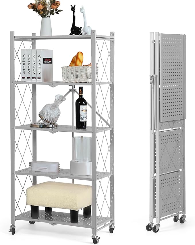 BRIAN & DANY 5-Tier Foldable Storage Shelves with Wheels, Folding Metal Rack Shelving Unit, Heavy Duty No Assembly Organizer Shelf for Garage, Kitchen, Basement, Pantry, Gray
