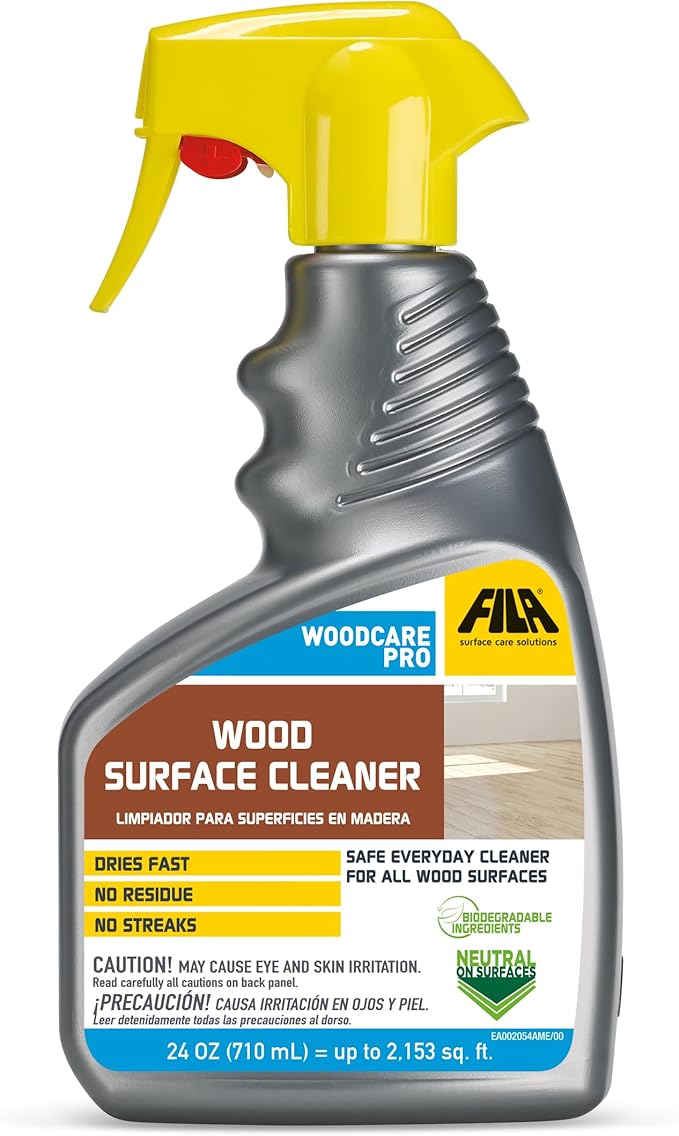 FILA Surface Care Solutions, WOODCARE PRO, Wood Cleaner for All Wood Floors and Surfaces, Suitable as Wood Floor Cleaner Spray, Wood Furniture Cleaner, Dries Fast, Does not Damage Wood Kitchen, 24oz