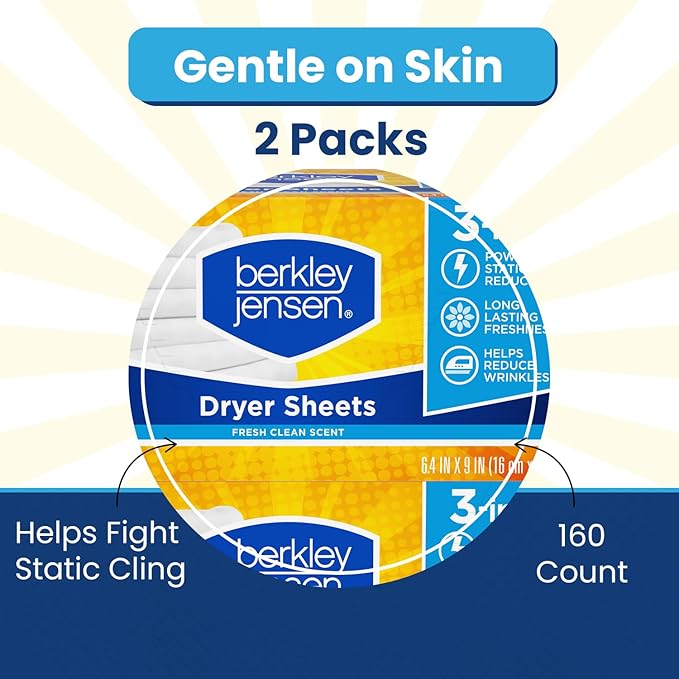 Berkley Jensen Soft and Fresh Dryer Sheets, 320 Sheets (Pack of 2, 160ct Each) - 3-in-1 Anti Static Wrinkle Release Scented Dryer Sheets - Ideal for All Dryers - Fabric Softener Sheets w/Fresh Scent