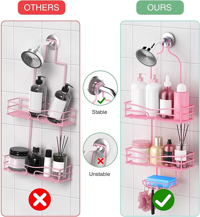 DAOYA Over the Shower Head Caddy Pink - Shower Caddy Hanging with 3 Soap Holders, Stainless Steel Bathroom Organizer and Storage, Rustproof