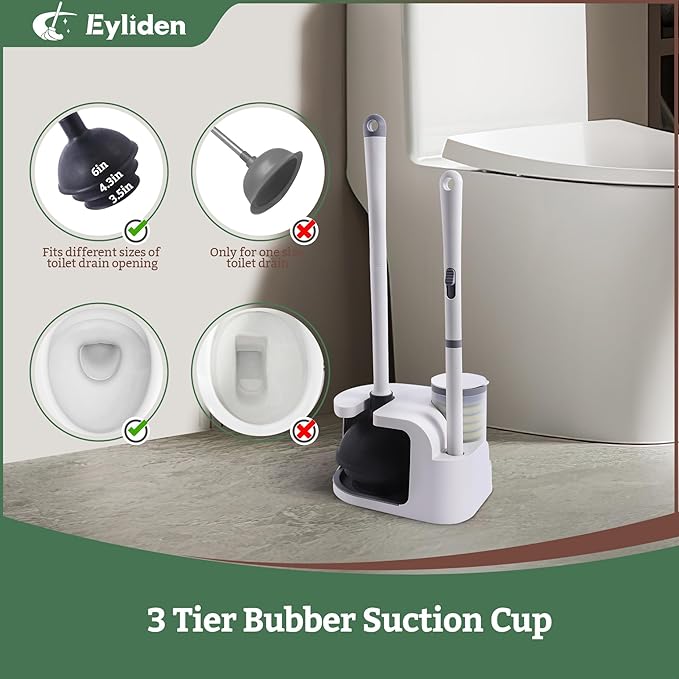 Eyliden Disposable Toilet Brush and Plunger Combo | 2-in-1 Toilet Bowl Wand Kit - 10 Count Pre-Soaked Refill Heads, 3-Step Plunger, Storage Holder - Compact Toilet Cleaning System, White
