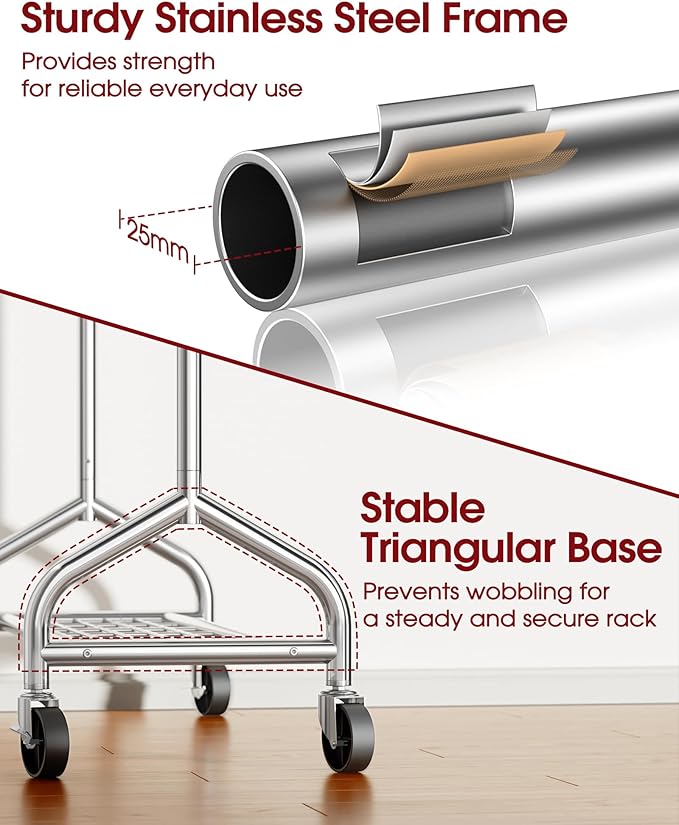 Sakugi Heavy Duty Clothes Rack - Garment Rack with Extendable Side Rods & Bottom Shoe Shelf, 25mm Stainless Steel Frame with Wheels, 49.8–74.8'' x 62.6'' x 16.5'', Silver