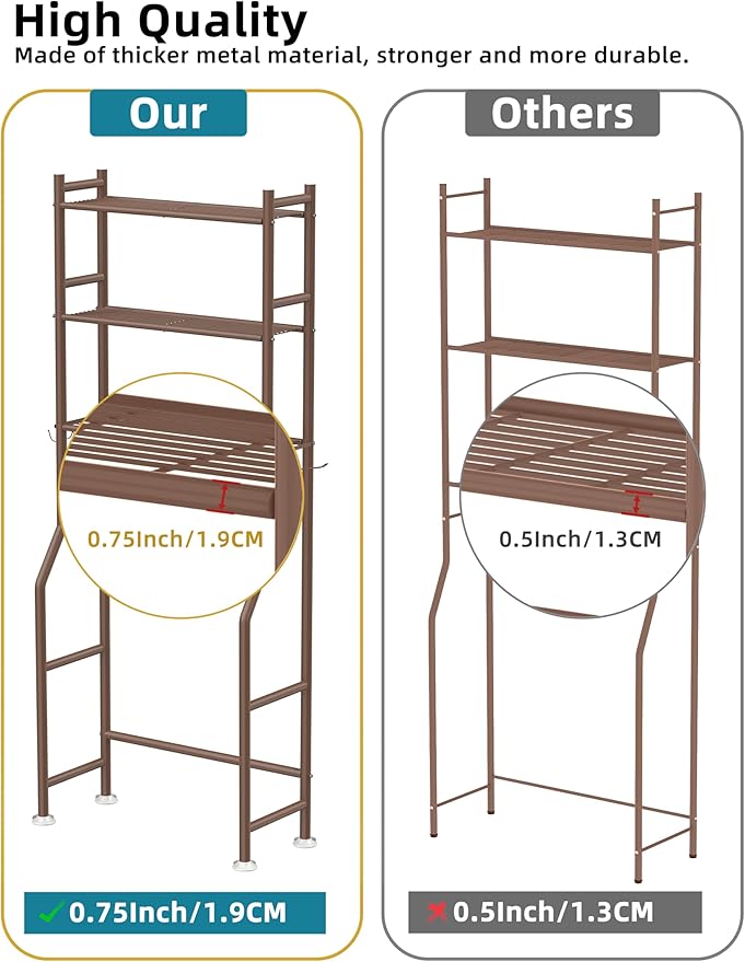 Livilord 3-Tier Over The Toilet Storage, Freestanding Metal Bathroom Shelves with 4 Hooks, Over Toilet Storage Shelf with Paper Holder, Above The Toilet Shelf for Bathroom Storage, Bronze