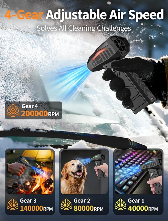 Compressed Air Duster, 200000RPM Electric Air Duster with Light, 4-Gear Adjustable Cordless Dust Blower for Computer, Keyboard, Outdoor, Home and Car (FB09-Black)