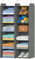 ALLTIDYUP Space-Saving Hanging Closet Storage Organizer – Dual-Row Foldable Shelves with 3 Hooks, 6-Tier Wardrobe Organizer for Dorm, Bedroom, Closet (Grey)
