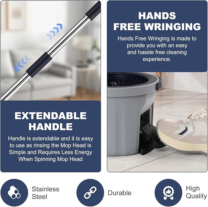 Spin Mop and Bucket System with180-Degree Rotating Head Telescopic Handle Dual Chamber Bucket Floor Cleaning Set with 3 Mop Refills Dual-Function Wringing Hand-Press and Foot-Pedal