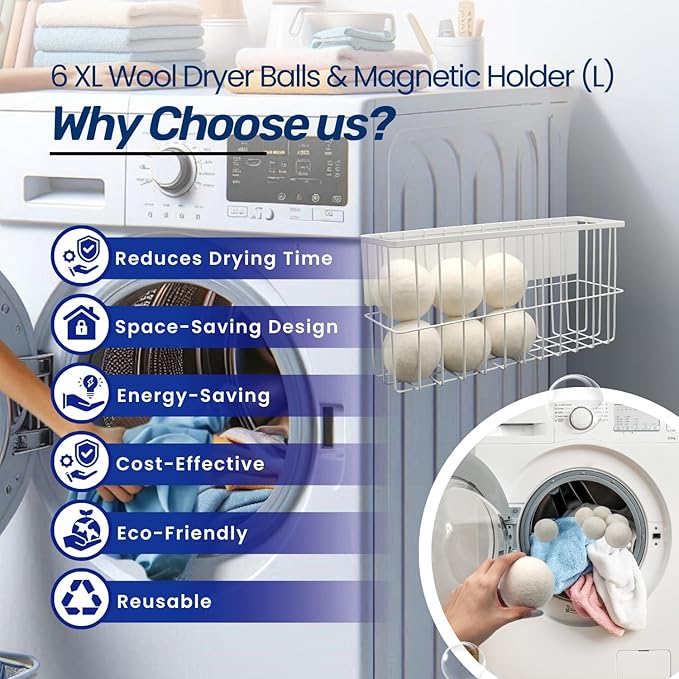 6 XL Wool Dryer Balls & Magnetic Dryer Ball Holder - Natural Fabric Softener, Reusable, Reduces Clothing Wrinkles and Saves Drying Time - Dryer Ball Container for Laundry Room Storage (XXL Size)