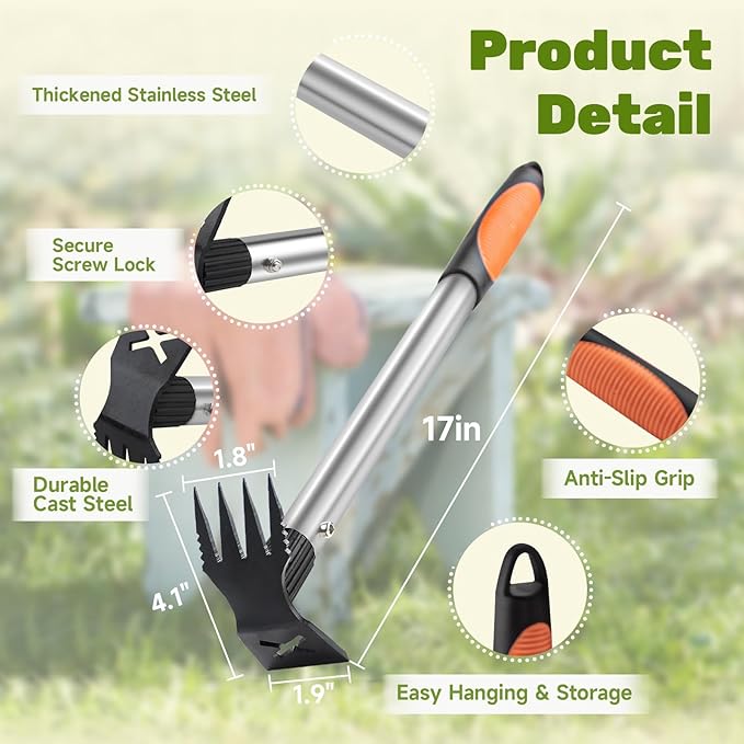 Weed Puller Tool 2 Pack, 2 in 1 Manual Weeding Rake and Garden Hoe, 17" Uprooting Weeder Remover Tool for Yard Lawn Patio and Garden, Portable Gardening Hand Tools for Veggies Flower Planting