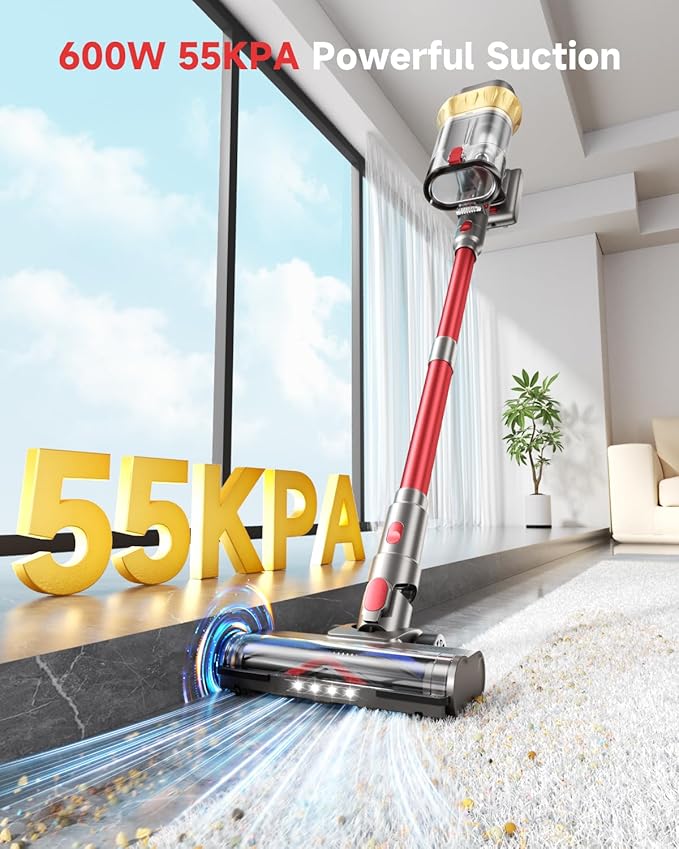 AIPOWAY Vacuum Cleaners for Home, 650W 55KPA Cordless Vacuum Cleaner, 75 Mins 2L Double Dustcup Stick Vacuum Cordless Rechargeable, Anti-Tangle & Wall Mount Charging, for Hard Floors Carpet Pet Hair