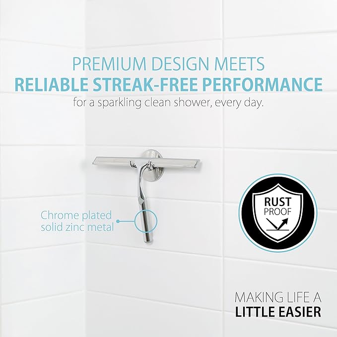 Better Living Deluxe Shower Squeegee, Multi-Purpose Silicone Squeegee Blade with Storage Hook, Rust-Proof Heavy Duty Window, Glass Shower Door Scrubber, Windshield Wiper, 10", Chrome