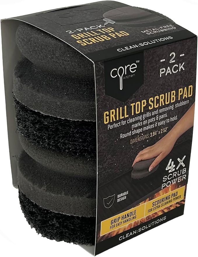 Core Clean Solutions 2-Pack Grill Top Scrub Pads | Heavy Duty BBQ Scrubber for Grills, Pots & Pans | 4X Scrub Power with Ergonomic Grip | Metal-Series Scouring Pads for Stubborn Marks