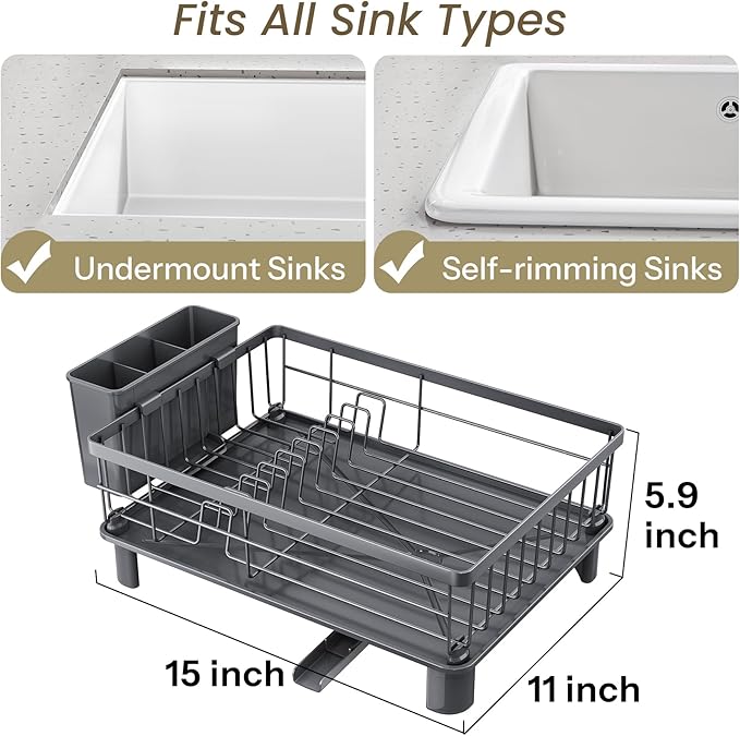 SNTD Dish Drying Rack - Small Dish Rack for Kitchen Counter, Stainless Steel Dish Drainer with Utensil Holder and Drainboard, 11" W x 15" L (Grey)