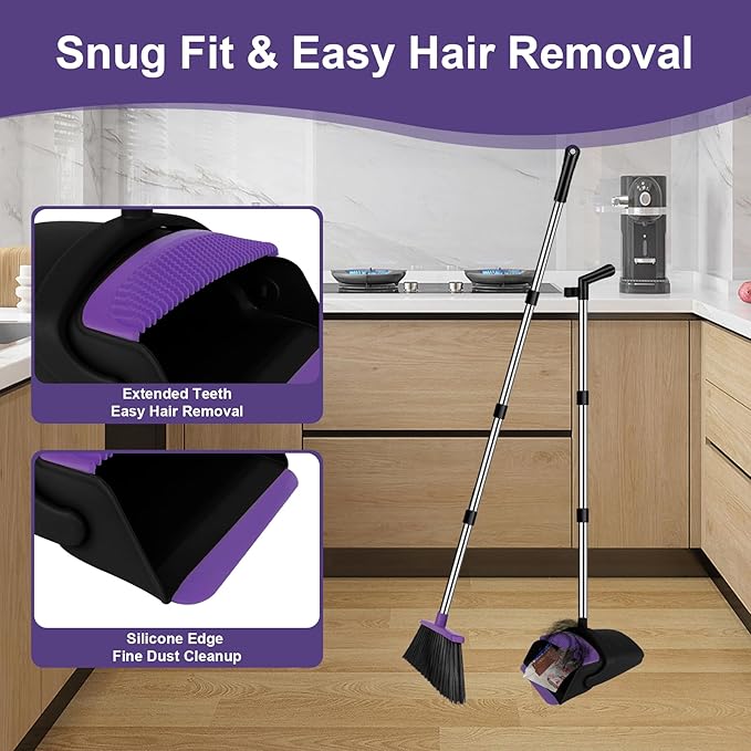 Broom with Dustpan Combo Set and Silicone Air Broom Kit, 51" Long Handle Floor Squeegee, Purple Household Kit for Glass Window Rugs Pet Hair Home