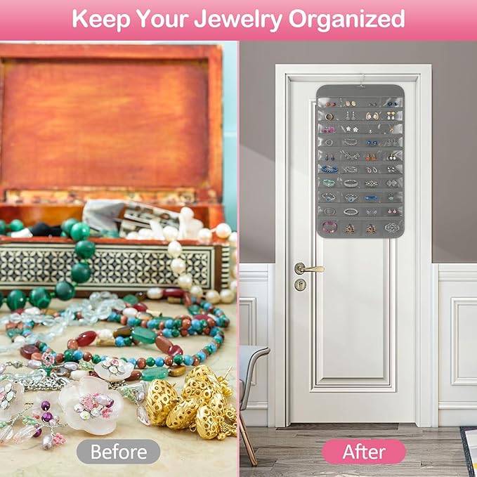 2 Pack Hanging Jewelry Organizer, 80 Clear Pockets earring organizer and storage, Accessories holder organizer for Closet, Jewelries, Necklace, Travel