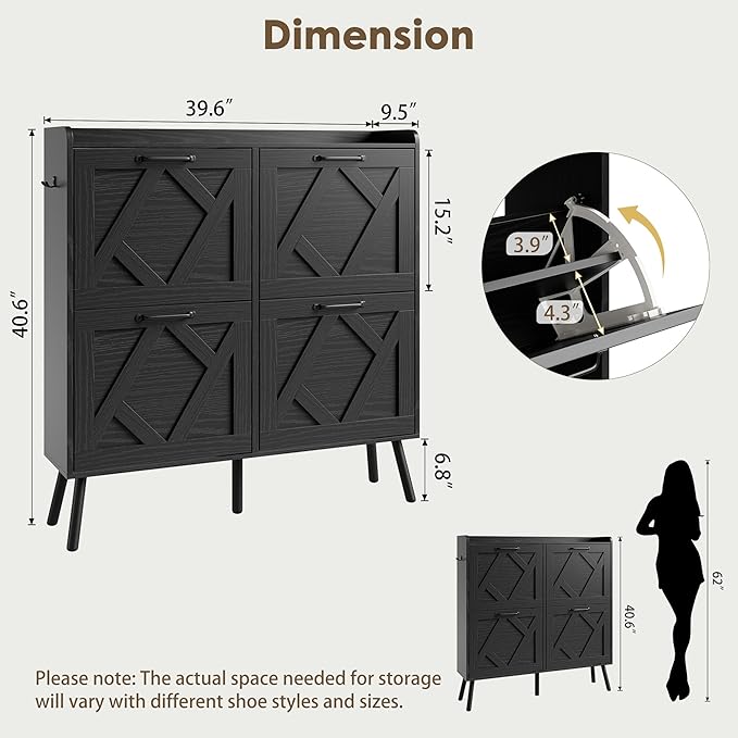 Nicetree Shoe Cabinet, Shoe Storage Cabinet for Entryway, Farmhouse Narrow Shoe Rack Cabinet with Metal Legs, Foyer, Hallway,4 Flip Drawers,Black