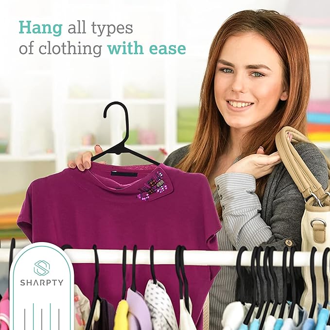 Sharpty Plastic Hangers Clothes Hangers for Clothing, Closet, Coats & Shirts - Notched, Durable & Space Saving - For Everyday Standard Use, Room Essentials & Basics - 35 Pack – Black