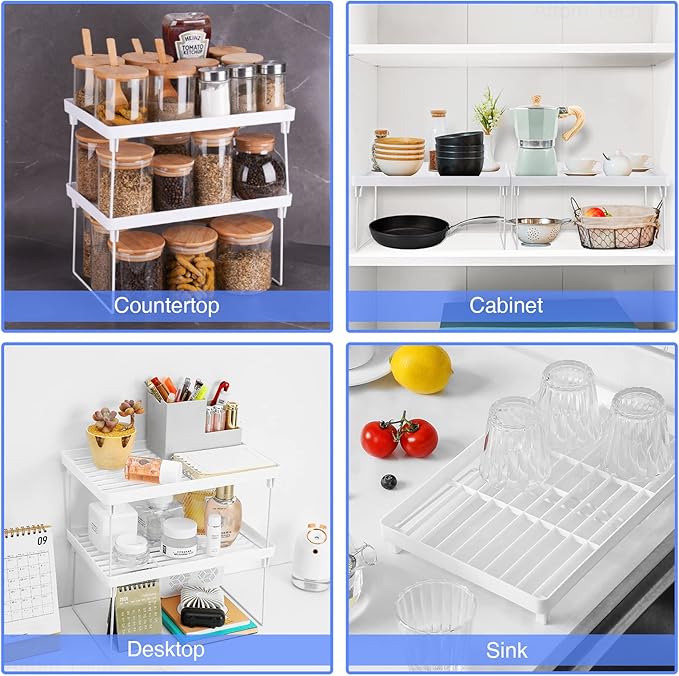 NiHome 4-Pack Stackable Plastic Kitchen Storage Shelf Foldable Rack - White Kitchen Cabinet Organizer and Storage Shelves Stackable Expandable Storage Racks for Counter Cabinet Pantry