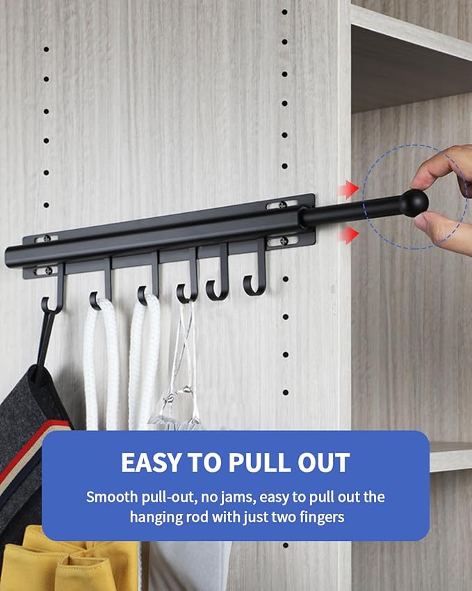 BaiNong Valet Rod for Closets Pull Out Closet Valet Rod Slide Out Extra long 16.5 inch Black Valet Rods for Closets With 6 Hooks