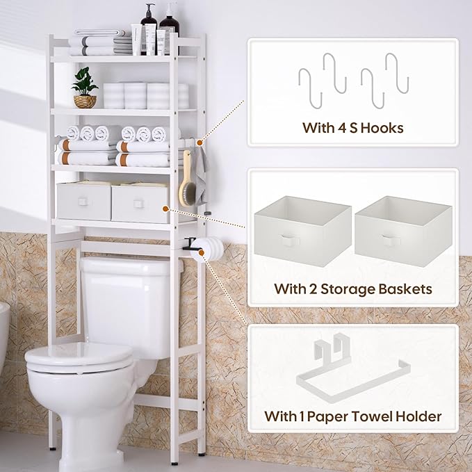 Cozivolife Over The Toilet Storage with 2 Baskets, 4-Tier Bamboo Organizer Rack with Paper Holder & 4 Hooks & Waterproof Feet Pad,Freestanding Shelf for Bathroom(White)