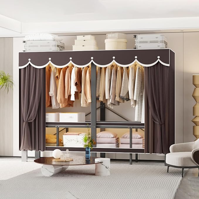 Heavy Duty Portable Closet with Cover Foldable Covered Clothes Rack for Hanging Clothes Armoire Wardrobe Closet System Freestanding Coat Storage Garment Racks (190cm/75in(Coffee))
