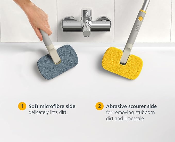 Joseph Joseph CleanTech 2-in-1 Bathroom Tub Shower Cleaning Scrubber with Microfiber pad and Abrasive Scouring Pads