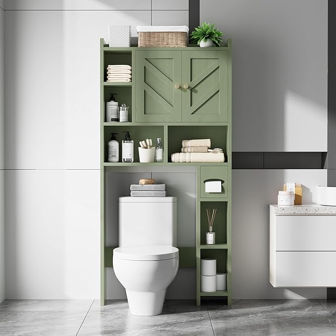 Meilocar Over the Toilet Storage Cabinet, 64.6" Tall Bathroom Storage Cabinets with Toilet Paper Holder & Adjustable Shelf, Freestanding Wood Cabinet for Bathroom, Green