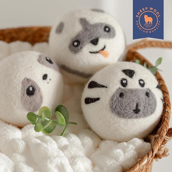 Wool Dryer Balls Handmade 3 Pack XL,Organic Laundry Dryer Balls,100% New Zealand Wool Natural Fabric Softener,Reusable 1000 Loads,Wrinkles Free, Shorten Drying Time,Baby Safe (3 Pack XL,Cute Animals)