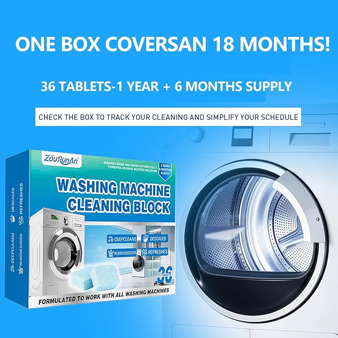 36 Pack Washing Machine Cleaner Descaler Tablets-18 Months Supply, Deep Cleaning Descaler for Front & Top Load Washers, Deodorizer, Mold & Limescale, Septic Safe, Compatible with All Brands