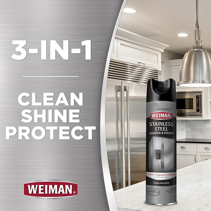 Weiman Stainless Steel Cleaner & Polish Streak-Free Shine - For Refrigerators, Oven, Dishwasher, Stove - 4 Pack Aerosol Spray with Microfiber Cloth Included
