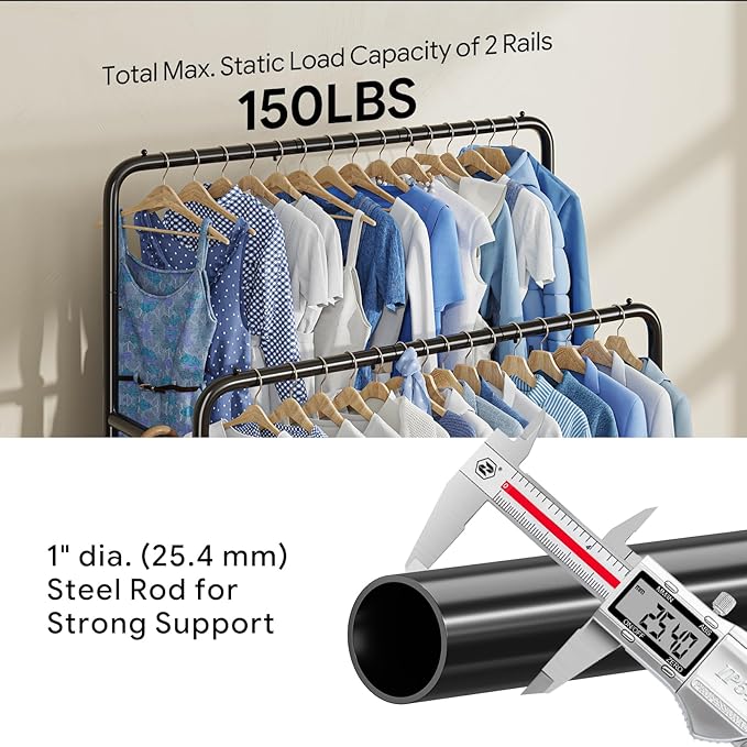 Simple Trending Clothing Clothes Rack Double Rods with Wheels, Rolling Metal Garment Rack for Hanging, Black