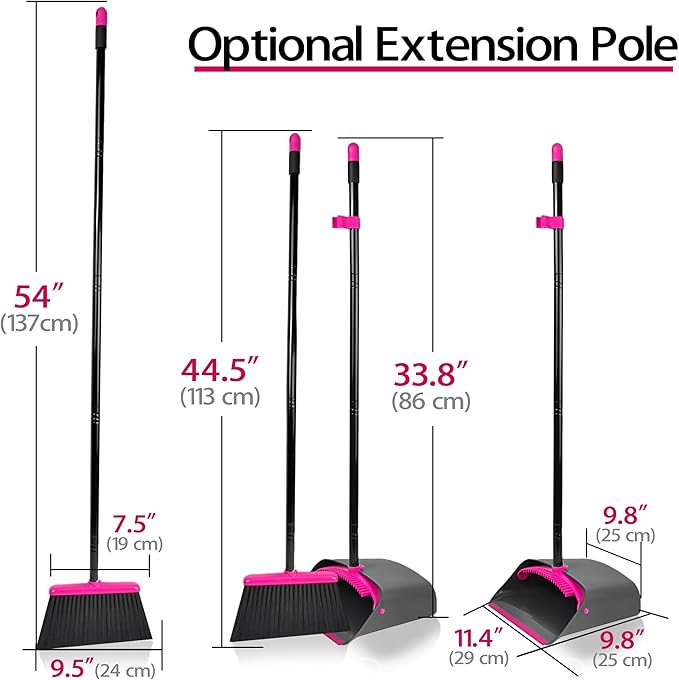 JEHONN Broom with Dustpan Combo Set, Long Handle Lightweight Indoor Broom Set, Upright Standing Dust Pan with Comb Teeth Store Sweep Set for Home Room Kitchen Office Lobby (Rose Red)