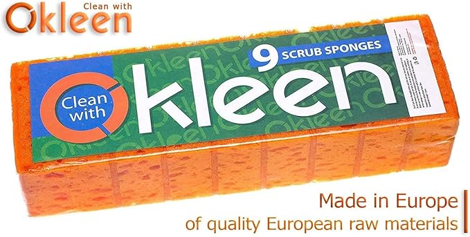 Orange Multi Use Scrub Sponge. Made in Europe. 9 Pack, 4.3x2.8x1.4 inches. Odorless Heavy Duty and Non Scratch Fiber. Durable and Delicate Scrubber for Dirty Surfaces in Kitchen, Home, Outdoors