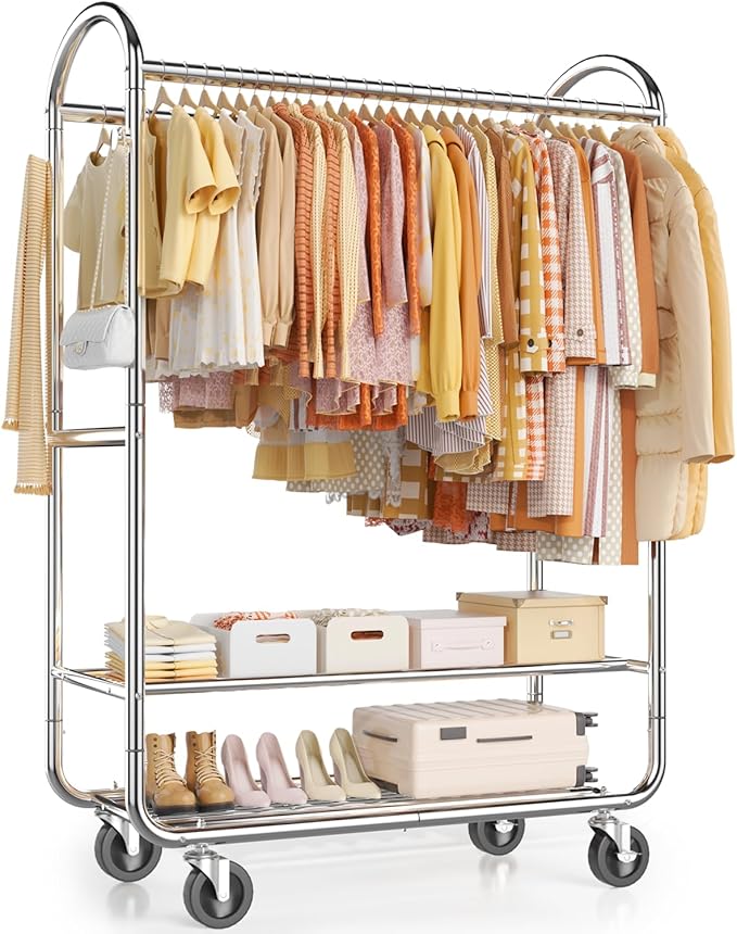 EAGMAK Heavy Duty Clothing Racks for Hanging Clothes 720 Lbs, Rolling Clothes Rack Double Rod Garment Rack with Lockable Wheels, Metal Closet Organizer for Bedroom, Laundry, Retail, Silver