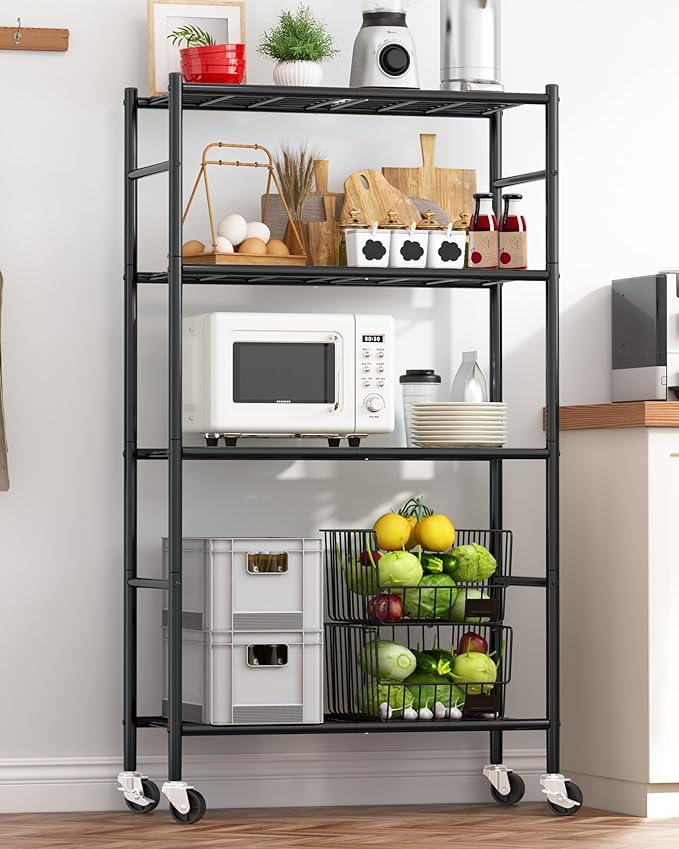 Sakugi Storage Shelves Organizer - 4 Tier Metal Shelf Organizer with Metal Wheels and Adjustable Leveling Feet, Heavy Duty Garage Shelving for Kitchen, Pantry and Closet, 33.1"x12.6"x58.9", Black