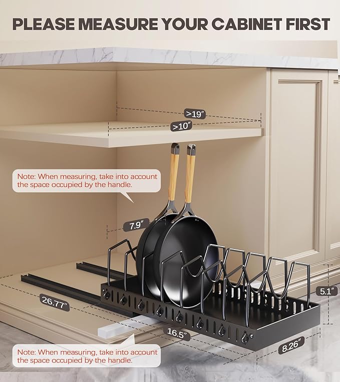 Lozovin Pull Out Pots and Pans Organizer Under Cabinet, Sliding Lid Holder and Pan Rack in Kitchen, Slide Out inside Cabinet Storage for Pot Lid, Bakeware, Dishes, 8 Adjustable Dividers, 1 Pack Black