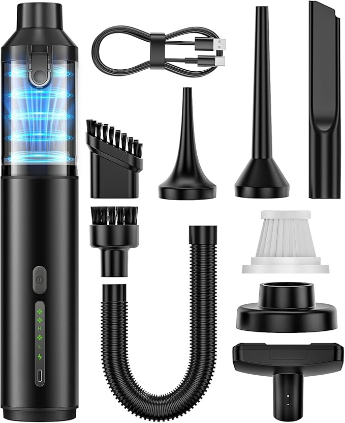 Car Vacuum Portable Cordless Handheld Vacuum Cleaner 4-in-1 Mini Cordless Vacuum with 2 Suction Modes and 16800pa Suction Power Blowing & Inflating 2 Modes Handheld Vacuum for Car, Desk, Keyboards