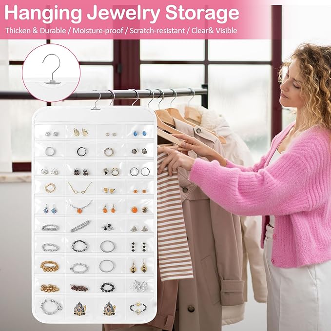 3 Pack Hanging Jewelry Organizer, 80 Clear Pockets earring organizer and storage, Accessories holder organizer for Closet, Jewelries, Necklace, Travel