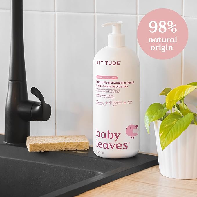ATTITUDE Baby Bottle & Dish Soap, EWG Verified Bottle Cleaner, Fragrance Free & Dye Free, Removes Milk Residue & Grease, Vegan, Unscented, 33.8 Fl Oz