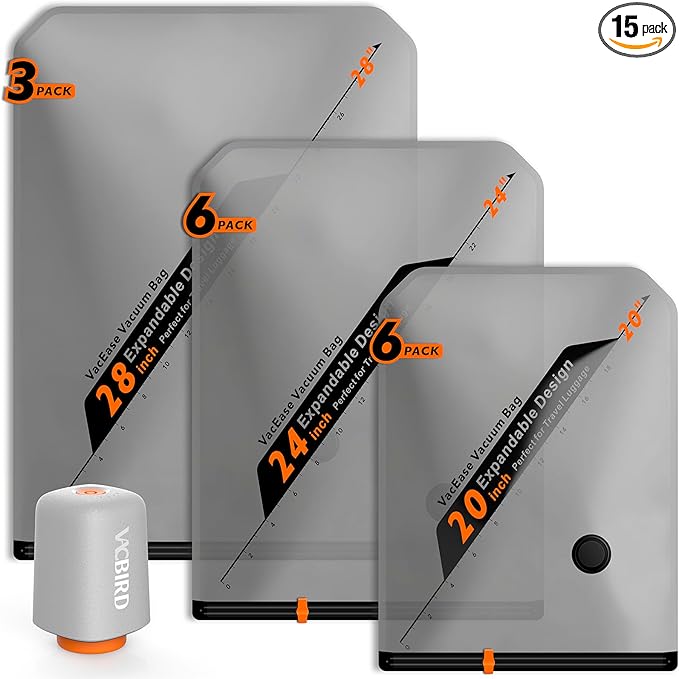 Vacbird Rechargeable Wireless Pump Travel Storage Bags Set - Portable Space Saver Bags for Travel & Home - Vacuum Compression Packing Seal for Clothes, Blankets, Seasonal Storage 15 Combo Set