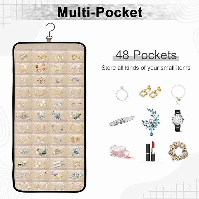 Dynoro Double-Sided Hanging Jewelry Organizer, Large Black Storage Roll for Earrings, Necklaces, Rings, 48 Pockets 21 Hooks, Durable Oxford Fabric for Closet, Wall, Door, 1 piece, Jewelry Not Included