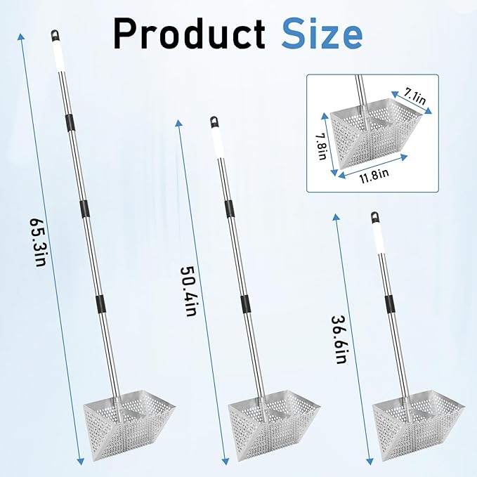 Sand Flea Rake, Long Handle Sand Sifter with 65-Inch Pole - Stainless Steel Shark Tooth Sifter, 13-Inch Wide Mesh Screen for Beach, Seaside Collecting of Fleas, Shark Teeth & Seashells
