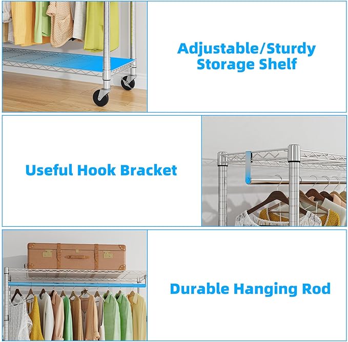 Simple Trending Clothing Garment Rack with 3 Tiers Storage Shelves, Heavy Duty Rolling Clothes Organizer Double Rods with Wheels for Hanging Clothes, Chrome