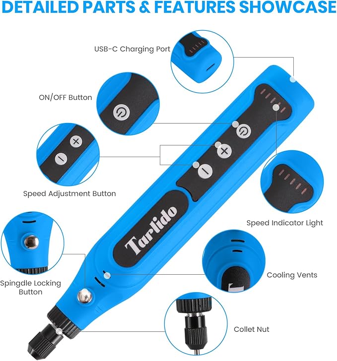 Cordless Rotary Tool, Rotary Tool 4V, 5-Speed, 2.0Ah Capacity and Fast Charging, 31 Pcs Accessories, Lightweight, Ideal for Crafter and DIY Project, Blue