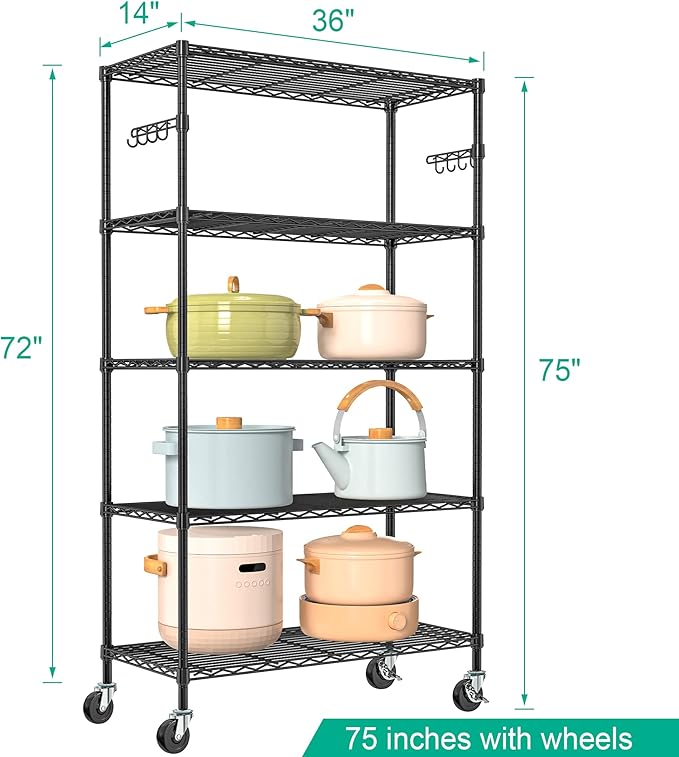 Folews 5 Tier Storage Shelves with Wheels - Adjustable Wire Shelving Unit Metal Shelves for Storage Rolling Utility Shelf Organizer Rack for Kitchen Garage Pantry Closet Laundry(14D x 36W x 75H)
