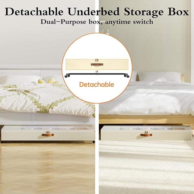 Yecaye Under Bed Storage with Wheels, 2 Pack Under Bed Storage Containers with Adjustable Dividers & Clear Window, 85L Rolling Underbed Organizer Bins Drawers for Clothes, Shoes, Blankets Toys, Beige